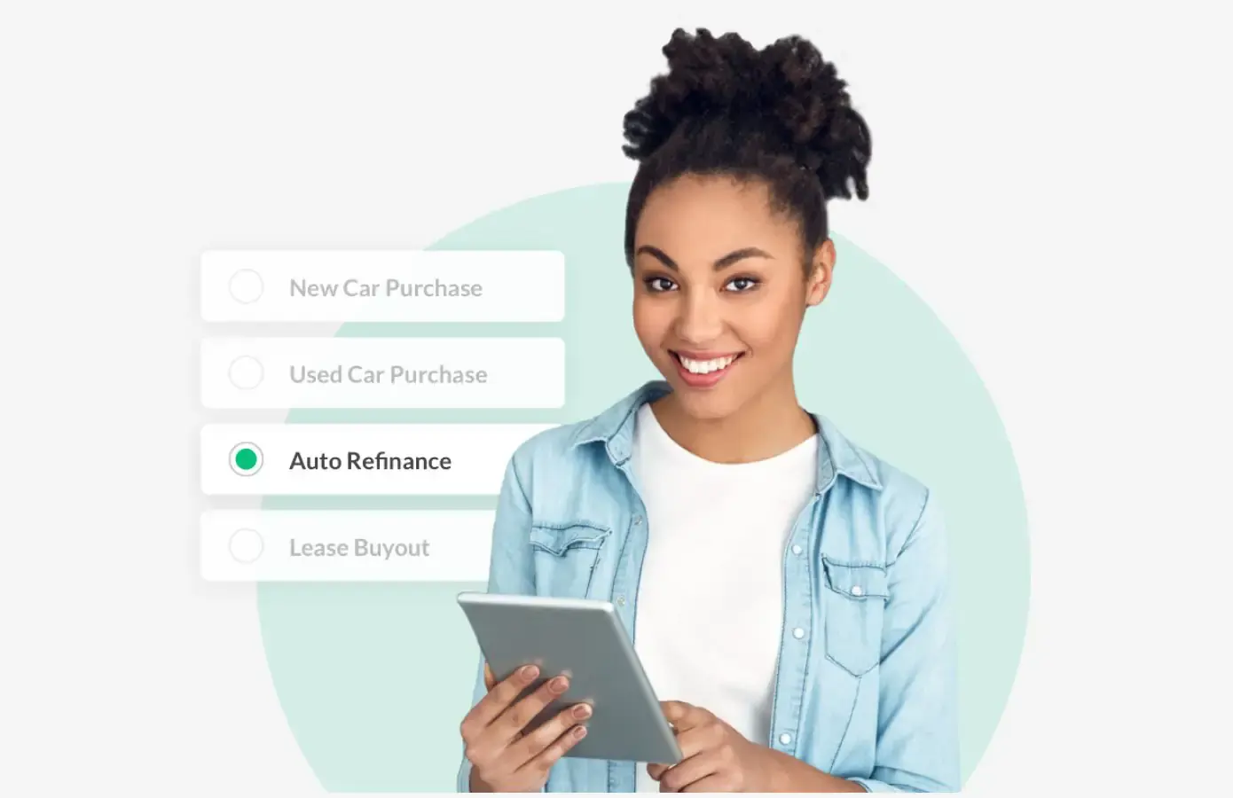 A person in a denim shirt holds a tablet and stands next to a list of car financing options: New Car Purchase, Used Car Purchase, Auto Refinance (selected), and Lease Buyout.