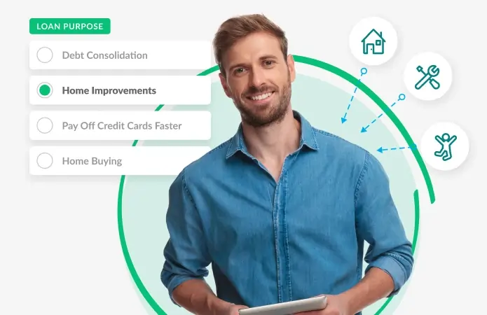 A smiling man in a denim shirt holds a tablet. He stands next to a Loan Purpose form highlighting Home Improvements. Icons for home, tools, and fitness are displayed around him.
