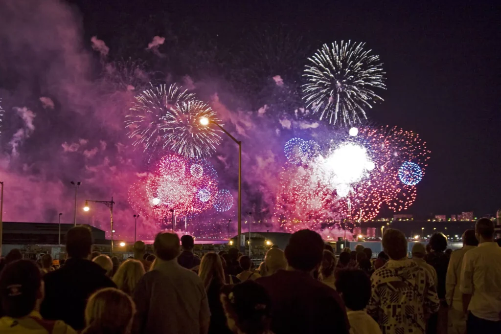 Revelers watch a July Fourth fireworks display.