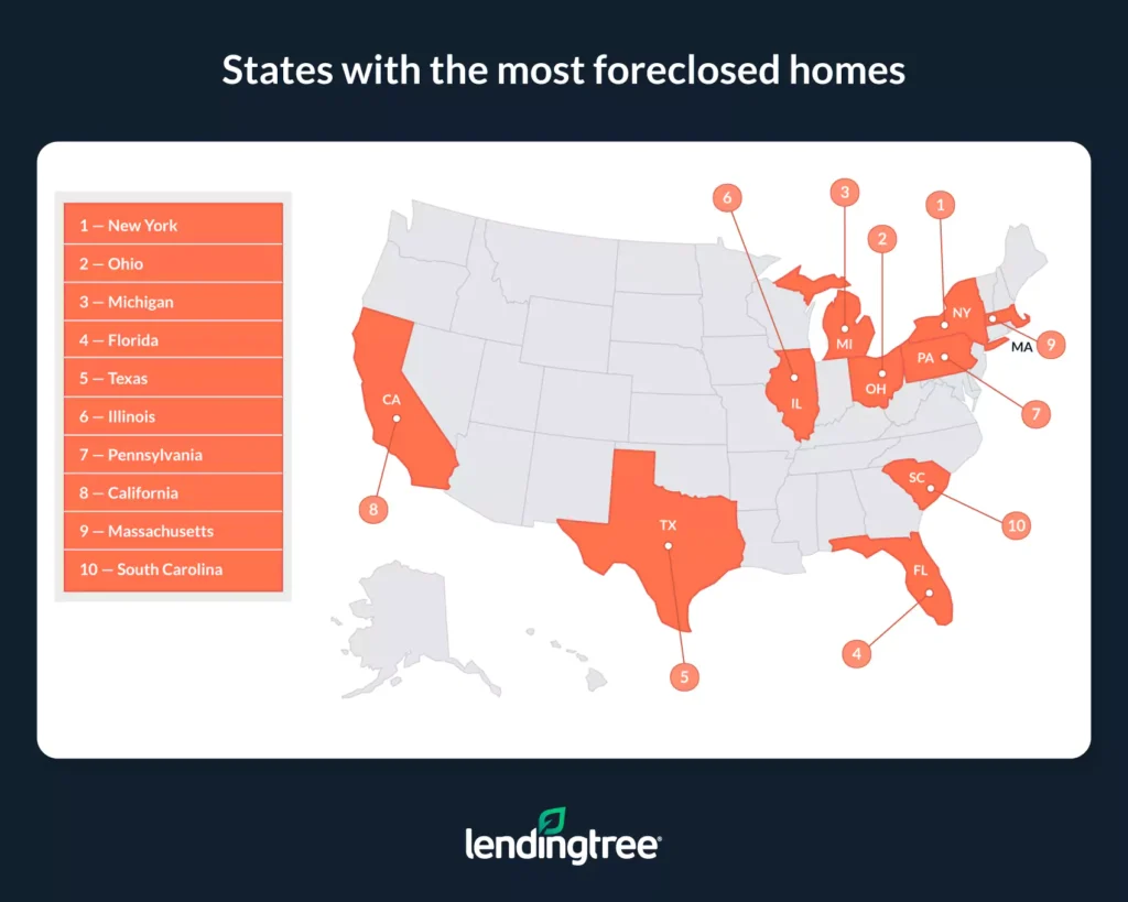 New York, Ohio and Michigan are the states with the most foreclosed homes.