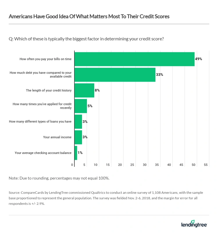 49% of Americans correctly say that how often they pay their bills on time is typically the biggest factor in determining a credit score.